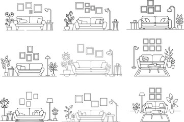 Naklejka premium Minimalist Living Room Line Art Vector Set, Modern Home Interior Illustrations.