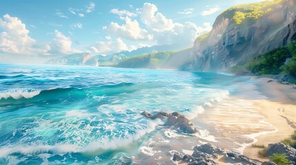 Serene Coastal Landscape Dreamlike Beach Scene with Turquoise Waters and Lush Cliffs