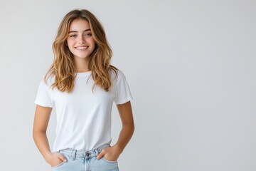 Obraz premium Freundliche junge Frau im weißen T-Shirt – Lächelndes Portrait vor neutralem Hintergrund