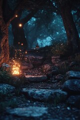 A nighttime forest with moonlit trees, a campfire, and a wooden path between rocks.