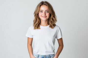 Fototapeta premium Freundliche junge Frau im weißen T-Shirt – Lächelndes Portrait vor neutralem Hintergrund