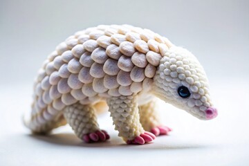 Fototapeta premium Adorable White Crocheted Pangolin Doll on Pure White Background - Tilt-Shift Photography