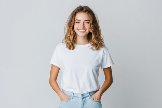 Freundliche junge Frau im wei&szlig;en T-Shirt &ndash; L&auml;chelndes Portrait vor neutralem Hintergrund

