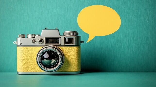 A camera with a speech bubble to highlight summer photography tips or announce photo contests