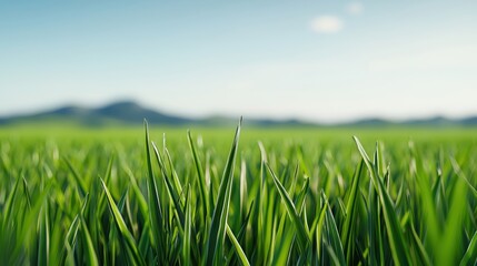Obraz premium Close up of green grass with a mountain in the background. Nature background.