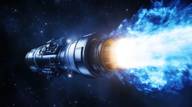 Advanced propulsion system utilizing nuclear power is designed for deep space travel. It emits a brilliant blue flame, showcasing innovative technology in space exploration