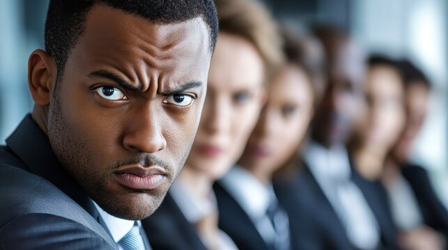 A confident African American businessman, his brow furrowed in concentration, addressed his diverse team at an office briefing. The biracial businessman, his eyes alight with purpose, led a lively