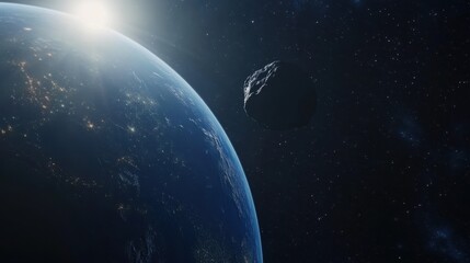 Fototapeta premium A massive asteroid hovers near Earth, casting a dark shadow that highlights the immense scale and potential threat to our planet