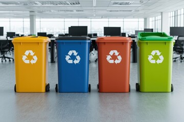 Four colorful recycling bins in an office. Concept of recycling, waste sorting, and environmental protection.
