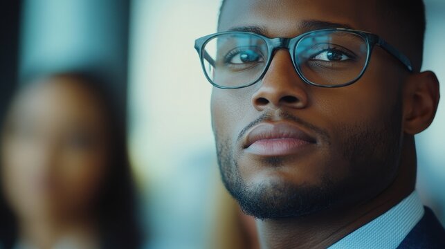 A confident African American businessman, his brow furrowed in concentration, addressed his diverse team at an office briefing. The biracial businessman, his eyes alight with purpose, led a lively