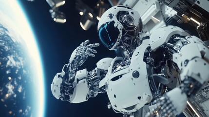 A humanoid robot expertly performs repairs on a spacecraft while floating in low Earth orbit. The view reveals vibrant Earth and a nearby space station, showcasing advanced technology in action