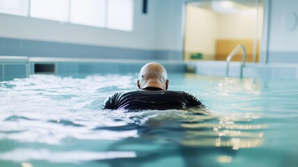 Rare illness patient participating in a gentle aquatic therapy session. Featuring physical rehabilitation and recovery