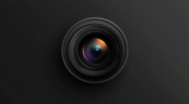 A close up of a camera lens with a black background. The lens is surrounded by a colorful border