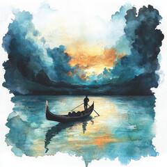 Illustration painted in realistic boho style, tranquil water reflection shines
