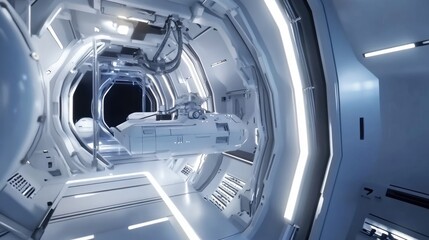 Advanced robotic docking system functions inside a sleek spacecraft corridor, utilizing precise guidance and automated technology to maneuver effectively in low light