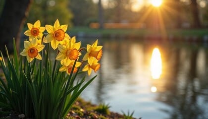 Blooming Daffodils at Sunset Reflecting in Water