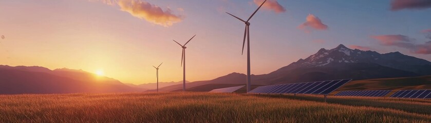 Obraz premium Wind turbines and solar panels in a field at sunset. Clean energy concept.