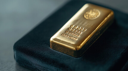 Luxurious gold bullion bar resting on a black leather surface reflecting wealth and investment potential in a modern financial setting