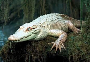 Obraz premium Lifelike White Alligator Resting on Green Mossy Rock in Serene Swamp Environment Surrounded by Lush Vegetation and Mysterious Fog in the Background