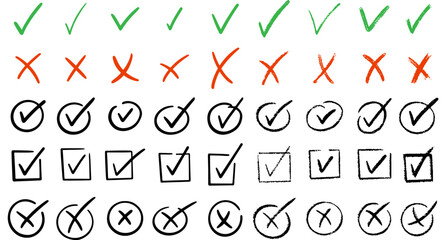 Check marks doodle set. Vote, yes, no, checkbox, checklist, tick and cross signs, v and x drawn concept. Hand drawn doodle sketch style vector illustration 