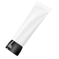 White blank cosmetic tube mockup with black cap, tilted view, transparent background
