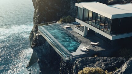 This stunning coastal mansion features a sleek minimalist design and is situated dramatically on cliffside. An infinity pool extends towards ocean, enhancing breathtaking views Concept of real estate