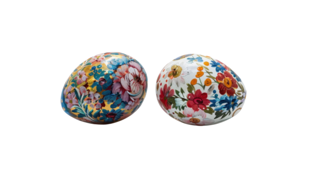 Two hand-painted easter eggs with floral motifs on transparent background