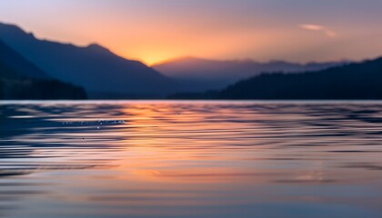 Naklejka premium Macro calm lake surface: small ripples, distant mountains, soft cool color. Serene nature vista