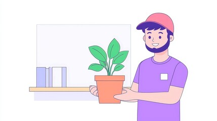 Garden Center Exchange, a vibrant cartoon scene of a gardener handing a potted plant to a customer in a colorful garden center, featuring ample copy-space for text.