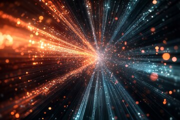 Naklejka premium Abstract Light Rays Burst Background Orange Blue Sparkle Festive Design Digital Art Modern Technology Shiny Glowing Energy Powerful Dynamic 