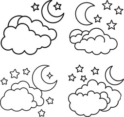 set of clouds stars moon line art, black outline, vector and illustration, line art and outline