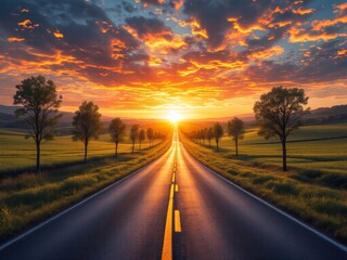 Naklejka premium Stunning Country Road at Sunrise, Leading to Adventure