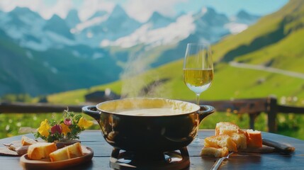 A table is set with a steaming pot of fondue, fresh bread, and a glass of white wine, surrounded by breathtaking Swiss alpine scenery on a sunny day