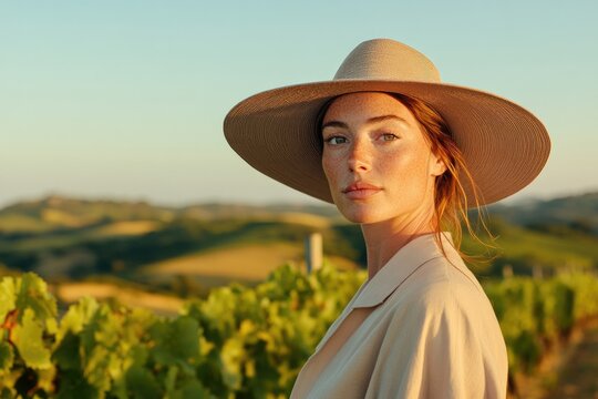 Elegant woman in sunhat poses amidst lush vineyard landscape at