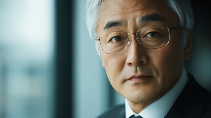 A mature businessman, his eyes sparkling with confidence and success, gazes directly into the camera, exuding an aura of authority and accomplishment.