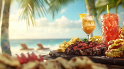 Diners indulge in a feast at a Brazilian churrascaria, surrounded by tropical vibes, delicious grilled cuts, and refreshing drinks, all with a stunning beach view