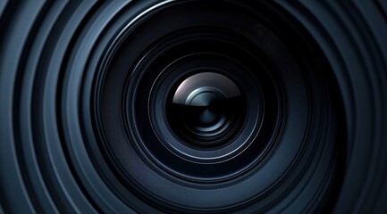 A close up of a camera lens with a black and blue color scheme. The lens is circular and has a black and silver color