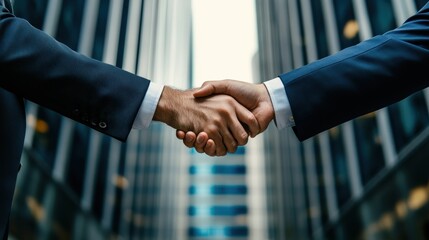 Two figures in crisp suits, their hands clasped in a gesture of trust and collaboration, stood on the precipice of a shared success, their eyes reflecting the ambition and determination that fueled