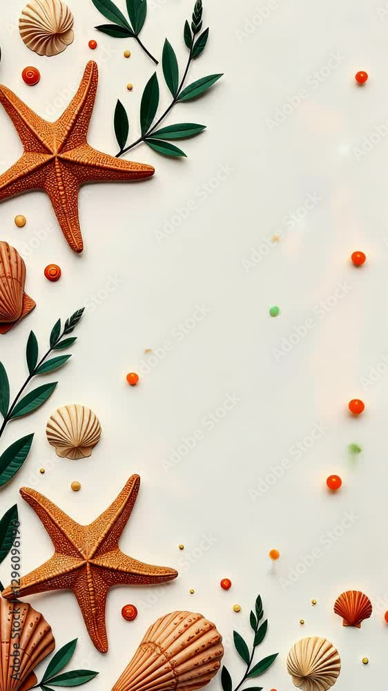 Poster A white background with a frame of stars and shells. There are three shells and three stars