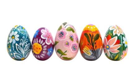 Five colorful hand-painted easter eggs with floral designs on transparent background