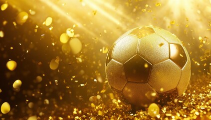Naklejka premium A gold soccer ball is surrounded by glitter. The ball is the main focus of the image, and the glitter adds a sense of celebration and excitement. The combination of the shiny gold ball