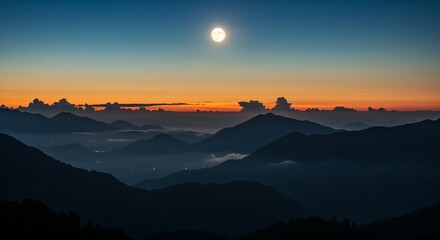 Obraz premium Full Moon Over Mountain Landscape for travel blogs, nature photography websites, meditation apps, and outdoor adventure promotional materials