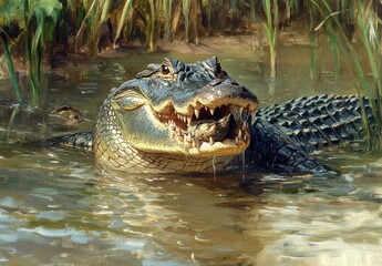 Fototapeta premium Lurking Alligator in Swamp Water Surrounded by Grass and Vegetation, Showcasing Powerful Jaw and Sharp Teeth, Nature's Predator