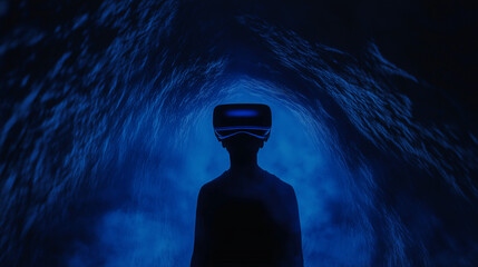 Into the Digital Void: A solitary figure dons a virtual reality headset, standing on the cusp of a digital portal within a futuristic, immersive landscape.