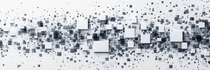 Fototapeta premium A white background with a black and white image of squares. The squares are of different sizes and are scattered all over the image. The image gives off a feeling of chaos and disorder