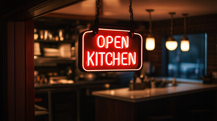 Open Kitchen Neon Sign: A vibrant neon sign illuminates, declaring "OPEN KITCHEN" against the backdrop of a warm, inviting restaurant interior. 