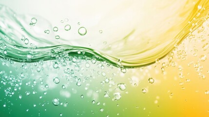 Fototapeta premium A green and yellow wave of water with many small bubbles. The bubbles are scattered throughout the water, creating a sense of movement and energy. The colors of the water
