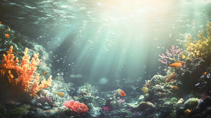 Obraz premium Vibrant underwater coral reef teeming with diverse marine life during midday in a tropical ocean setting