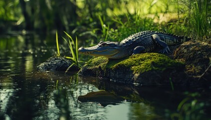 Lush Wetlands Habitat with Alligator Resting on Mossy Rocks Beside Calm Water in a Vibrant Natural Landscape