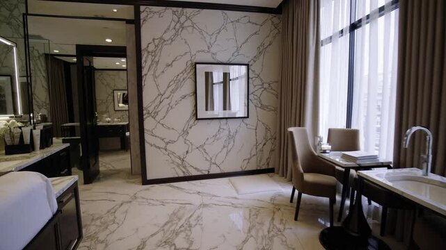 Luxury Hotel Interior: The elegantly appointed hotel room features marble accents, modern furnishings, large windows with soft curtains, evoking a sense of serenity and sophistication.